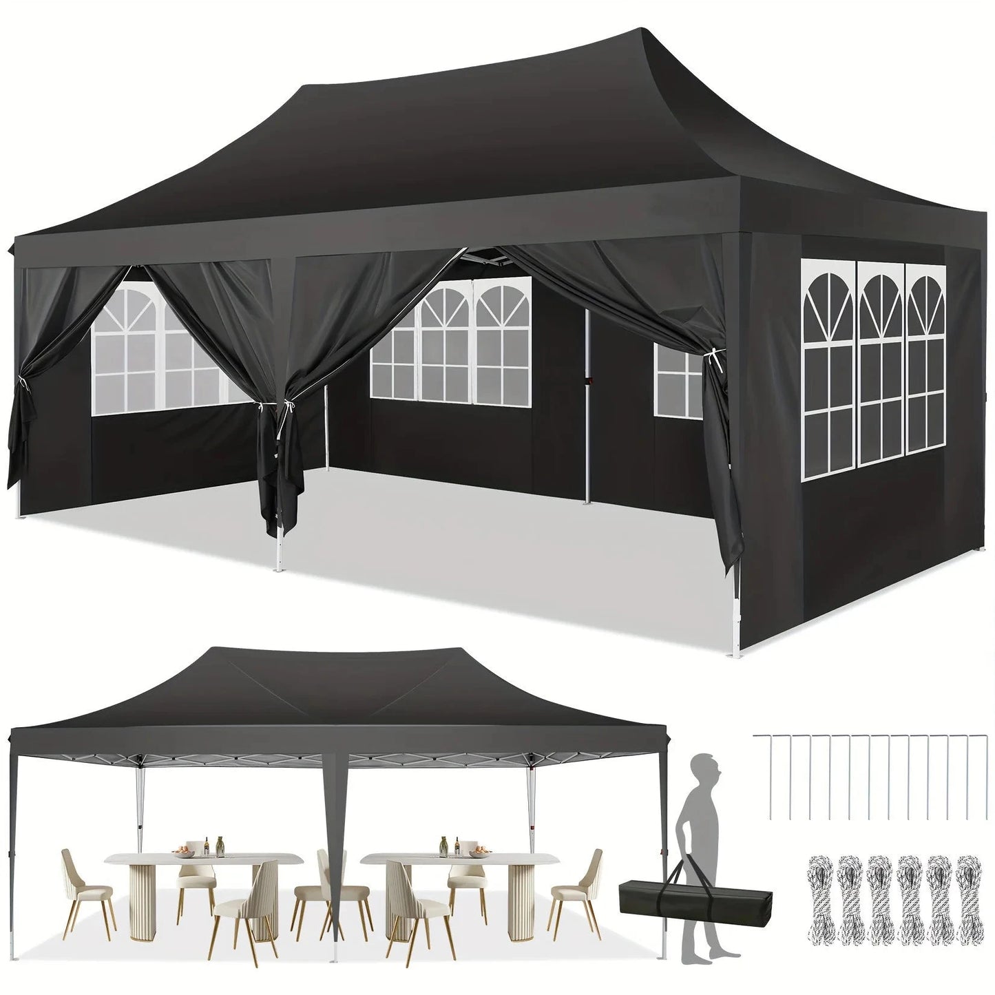 10x20 Pop Up Canopy Tent with 6 Sidewalls, Wedding Party GlowCart