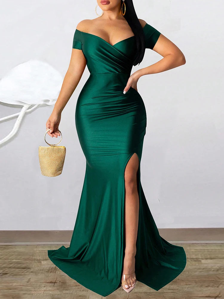 Classic High Slit Evening Dress Women Solid Maxi Long Dresses With Sleeves Wedding Bridesmaid Elegant Party Dresses 2025 Woman GlowCart