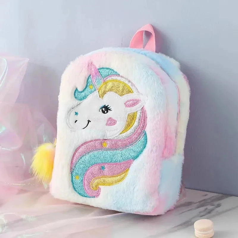 Kids Backpack Kids School Bag Fashion Large Capacity Children Girls Unicorn Plush Tie-Dye Bag Mochila GlowCart