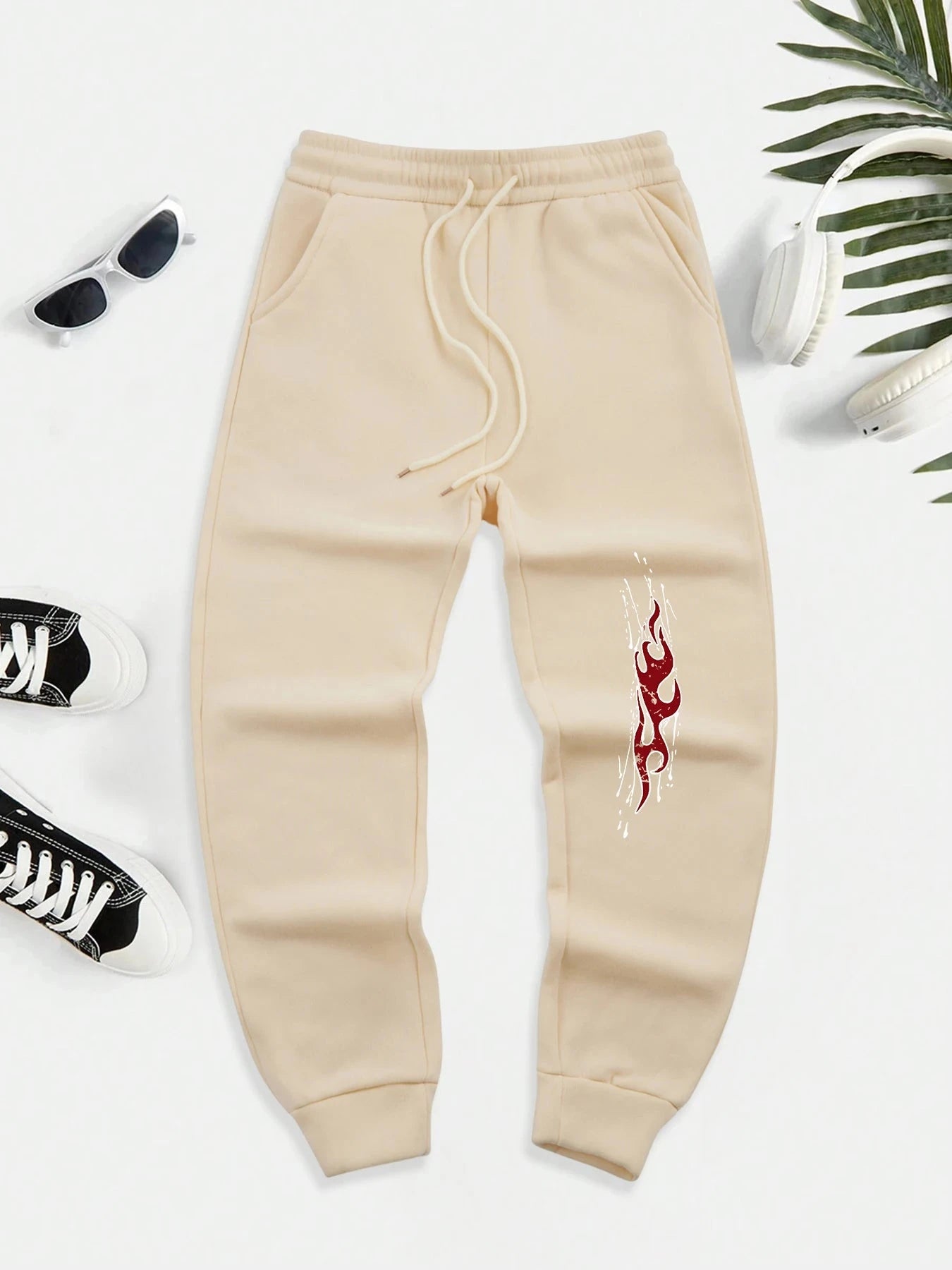 Dark Red Flame Print Men New Drawstring Jogging Pant Autumn GlowCart