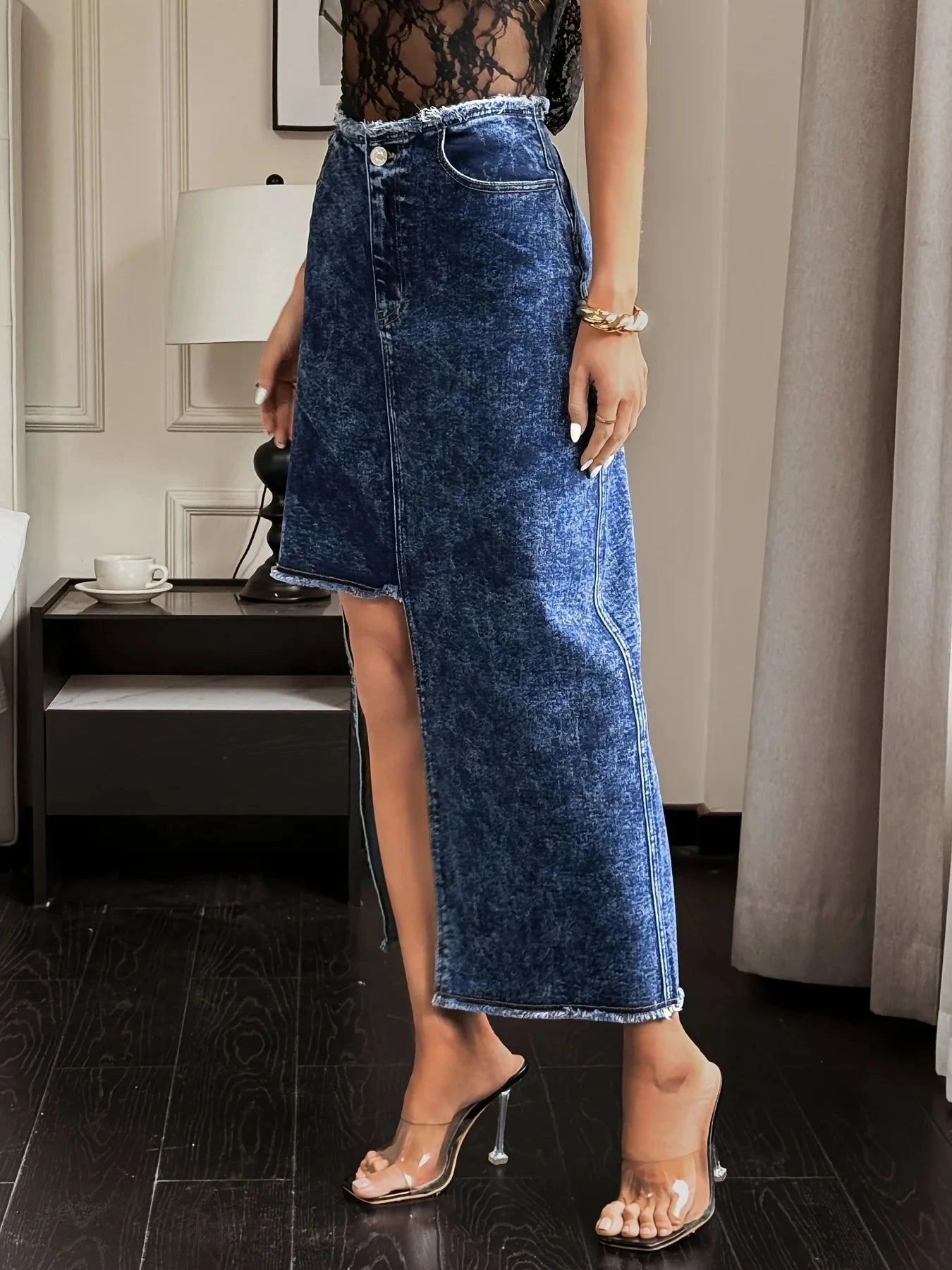 Women's High Waist Dark Blue Denim Skirt Front Split Hem Maxi Jean Skirt Vintage Wash Streetwear Fashion Clothing GlowCart