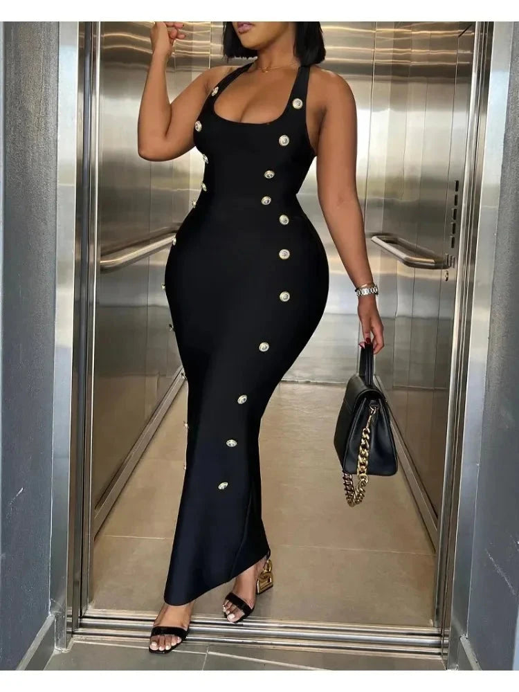 Summer Sexy Dress Women's Halter Sleeveless Buttoned Maxi GlowCart