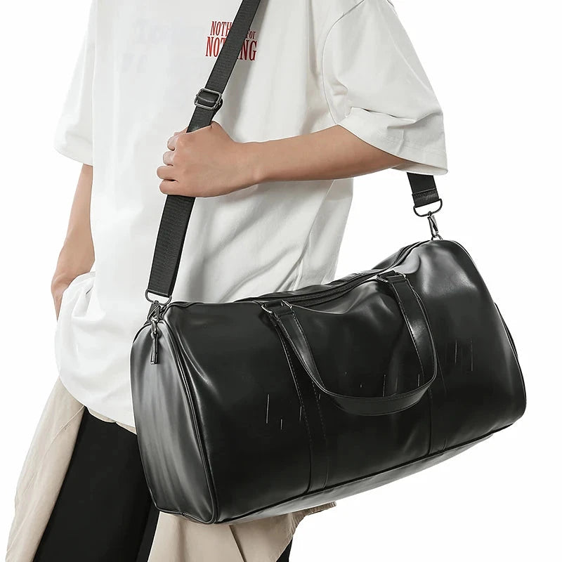 Minimalist Black PU Leather Travel Duffel Bag for Men Water GlowCart
