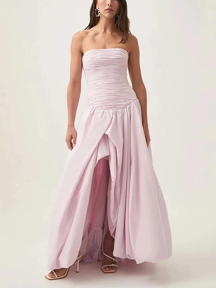 Sexy Strapless Printed Split Deign Long Bubble Dress Women GlowCart