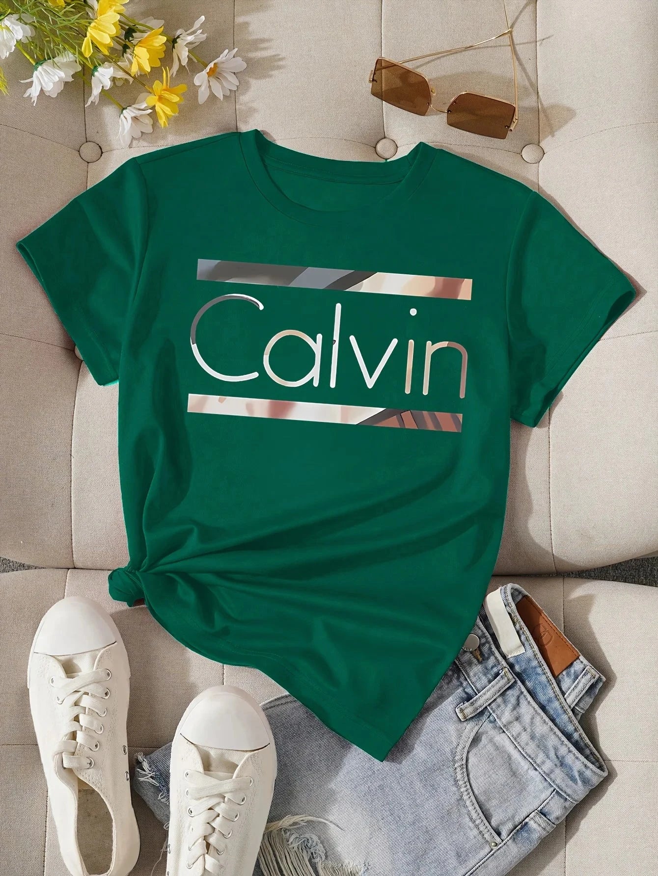 Women's Summer 100% Cotton Fashion Casual Calvin Letter GlowCart