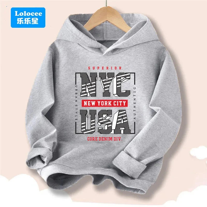Boy Girl New York U.S.A City Hoodies Fashion Letter Printed Graphic Hooded Sweatshirts Kids Loose Pullover Sportwear ZMNY3 GlowCart