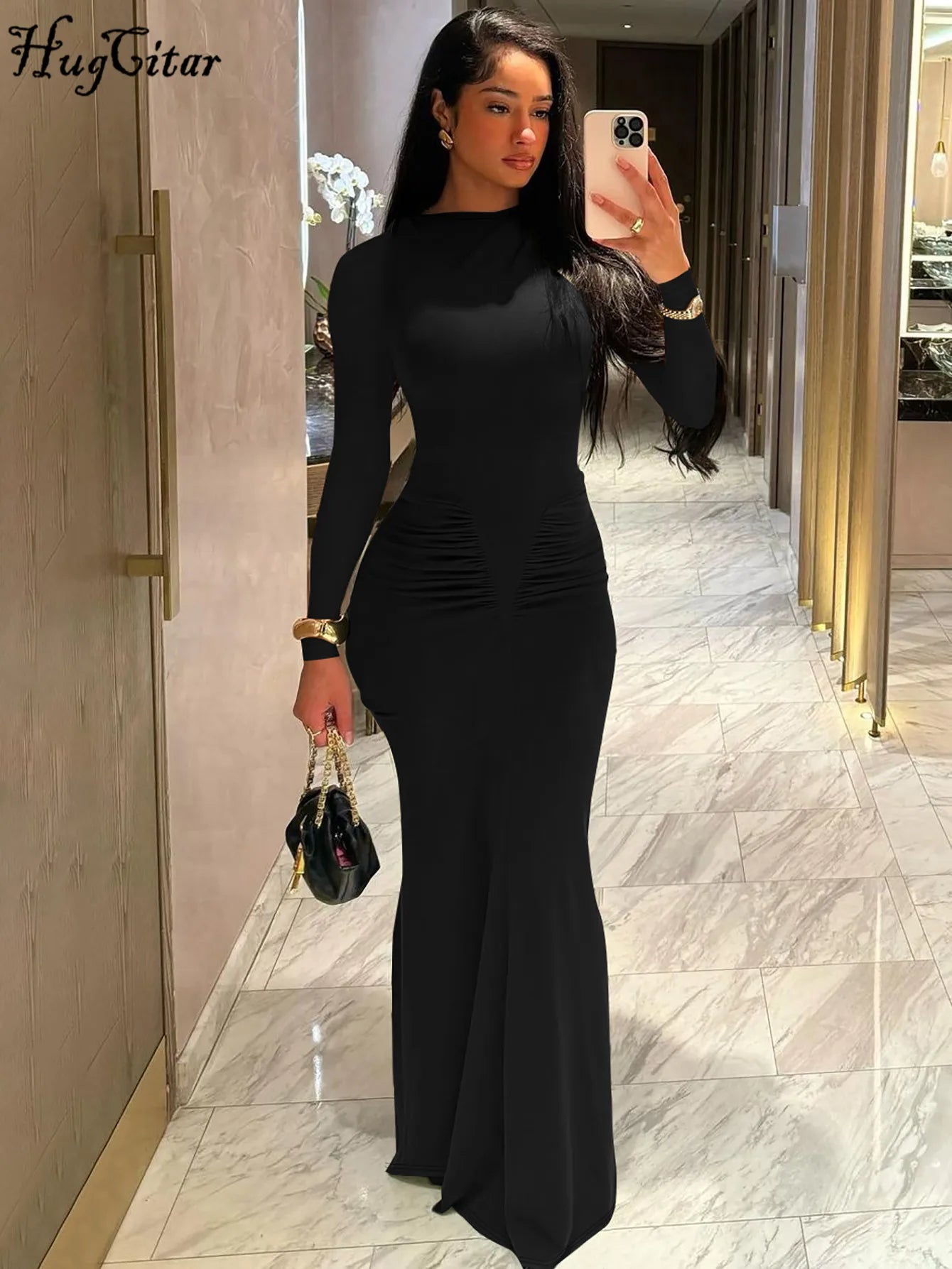 Hugcitar Autumn Solid Long Sleeve Draped Sexy Bodycon Maxi Prom Dress Women Fashion Y2K Outfits Evening Party Festival Club GlowCart