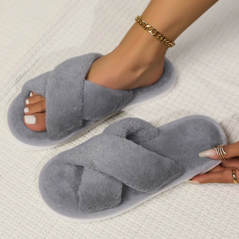 Popular Cross Furry Slippers Female Fluffy Slides Autumn