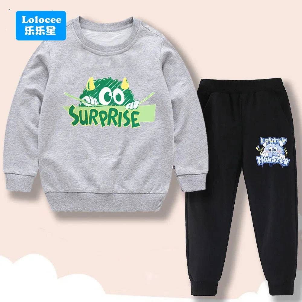 Spring/Autumn Children's Clothing Sets Cartoon Monster Print Boys' O Neck Sweatshirt Pants Two Piece Pullover Set for Kids GSJX1 GlowCart