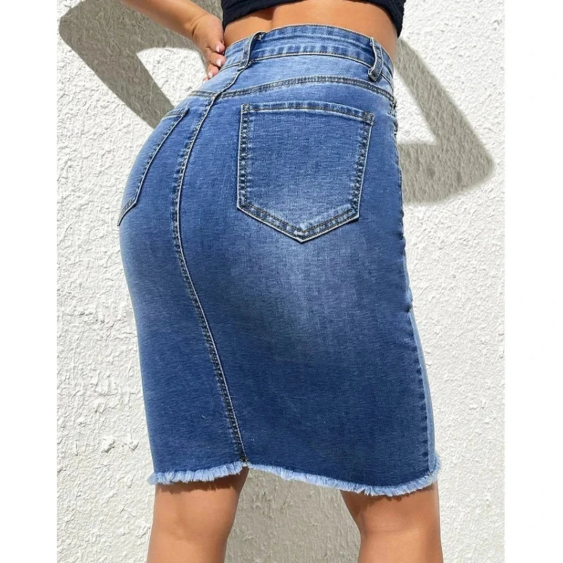 ﻿ ﻿ Women High Waist Denim Skirts Ladies Stretch Jeans Knee Length Casual Bodycon Skirt GlowCart
