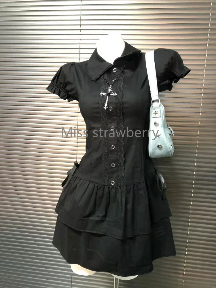 Summer Chic Vintage Black Short Sleeve Dress Women High GlowCart