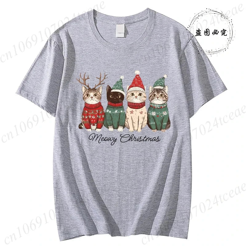 Meowy Christmas Cat Print Women Fashion T Shirt Girl O Neck GlowCart