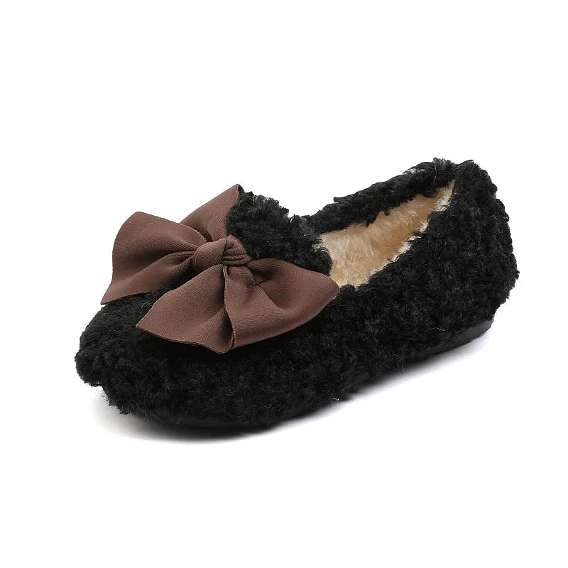 Girls Winter Shoes Cotton-padded Warm Cotton Fur Fluffy Children Flats Kids Loafers Slip-on Princess Sweet Anti-slippery Bowtie GlowCart