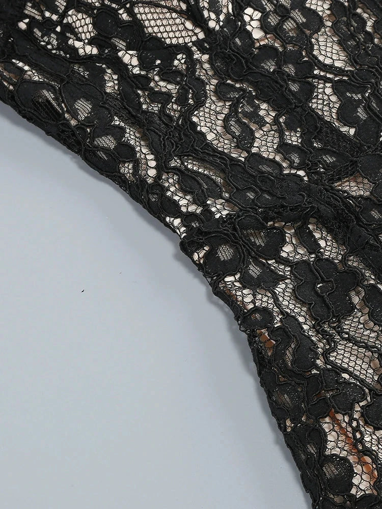 Sexy Spaghetti Strap V Neck Lace Long Dress Women Black GlowCart