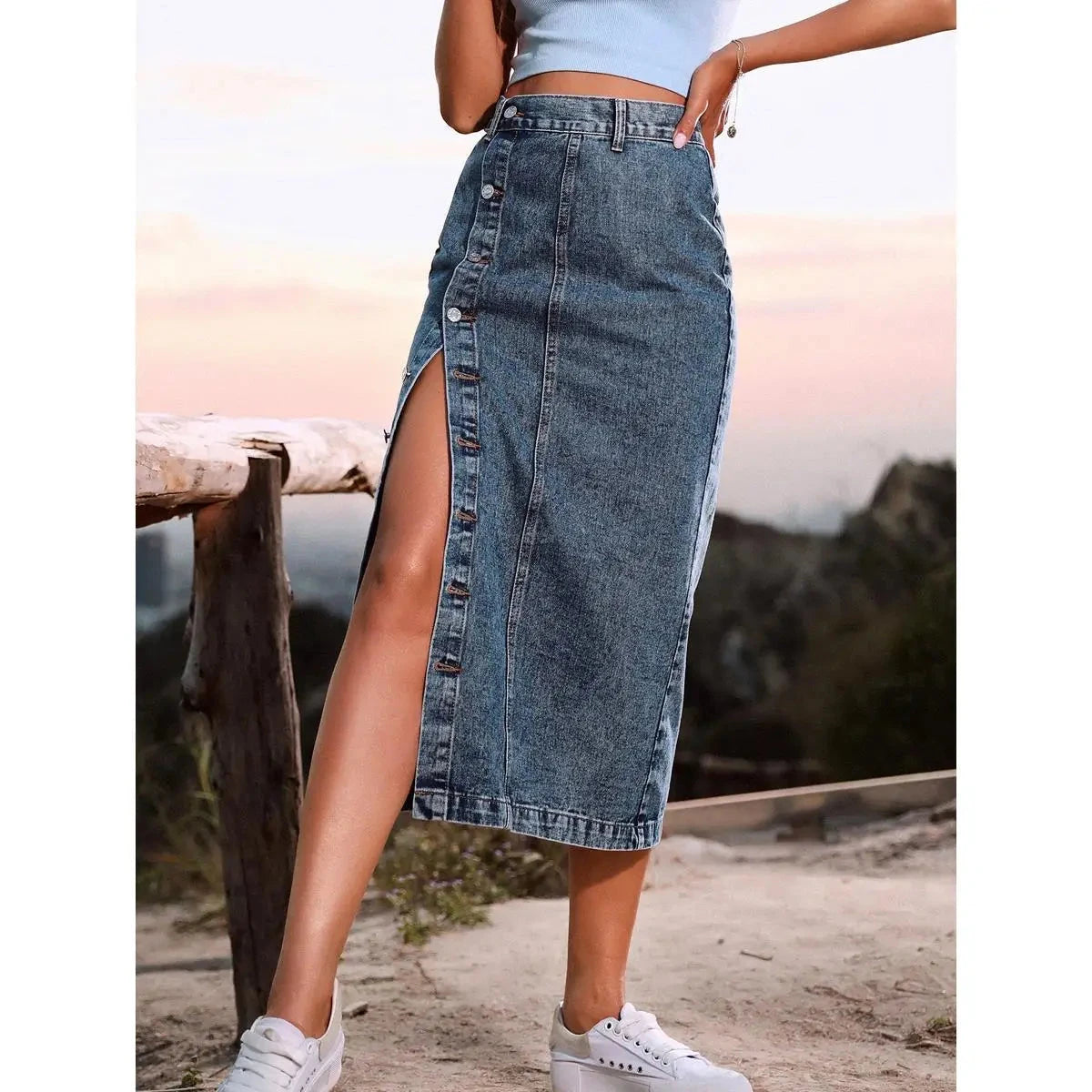 Denim Skirt Women Long Skirts Irregular Split Stretch High Waist Single Breasted Distressed Washed 2025 Summer Streetwear GlowCart