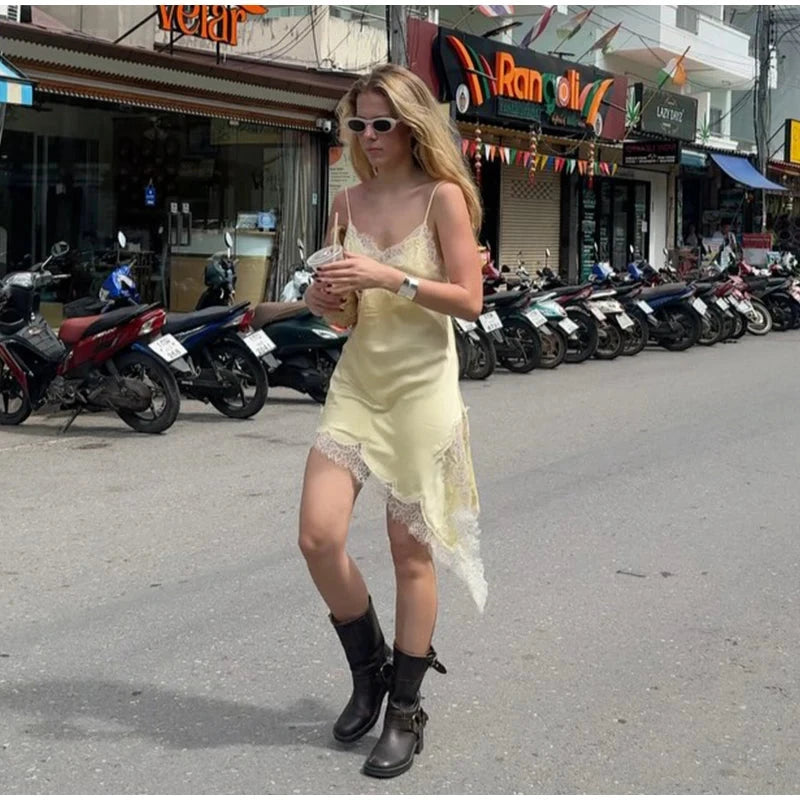 Sexy Lace Patchwork Sling Dress Women Satin Off-shoulder GlowCart