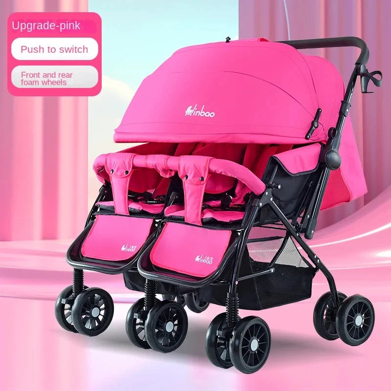 Baby Double Pushchair Ultra Lightweight Two-way Foldable Shock Absorbing Poussette Double Can Sit and Lie Down Twin Pram GlowCart