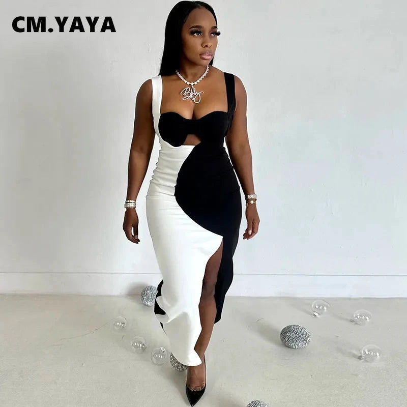 CM.YAYA Women Sleeveless Strapless Patchwork Bodycon Long GlowCart