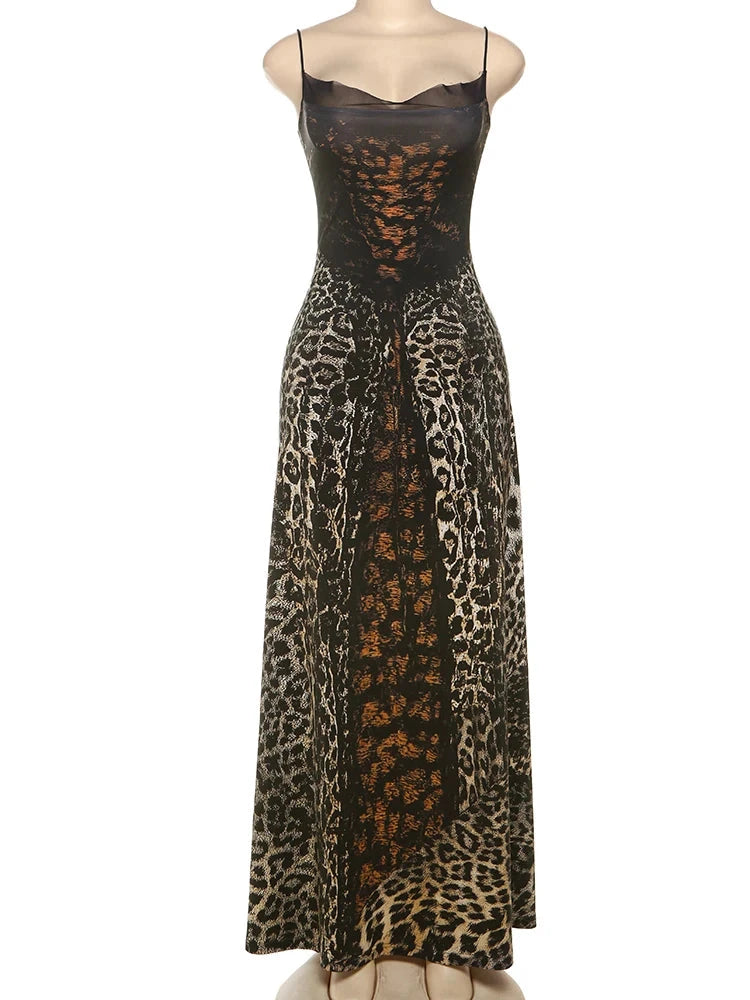 kliou Suspendency Maxi Dress Women Leopard Panelled Draped GlowCart