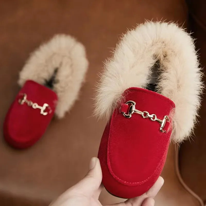 Winter Kids Fur Princess Shoes Baby Girls Velvet Brand Flats Children Slip On Shoes Toddler Fashion Dress Loafers Boys Moccasin GlowCart