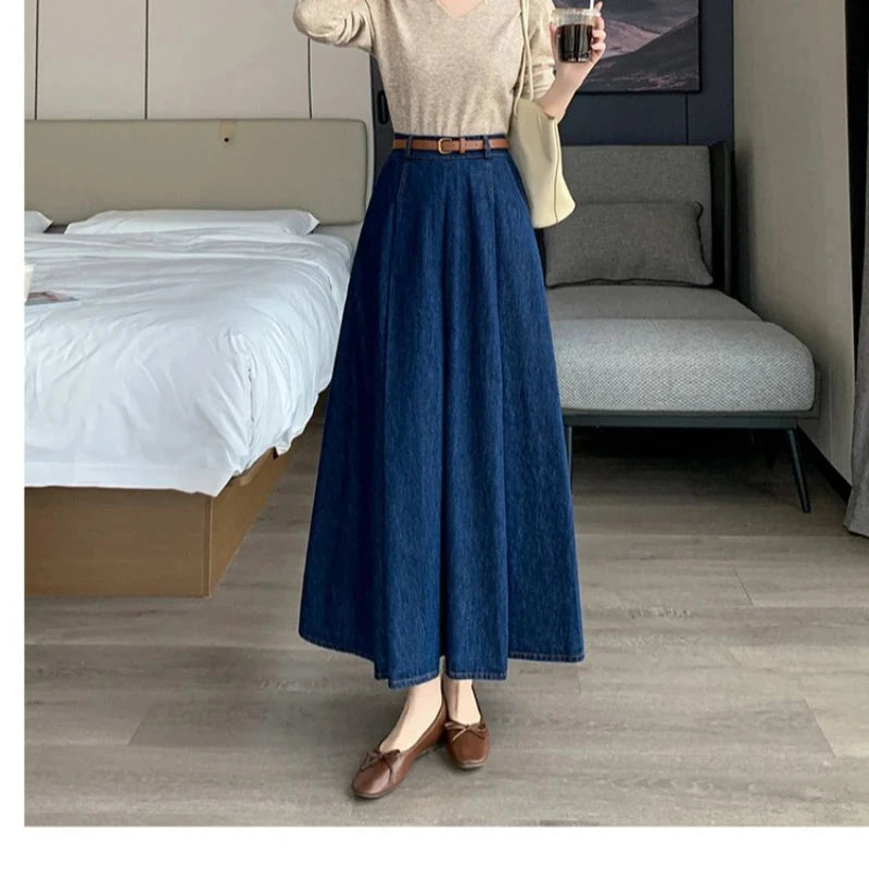 Seoulish Autumn High Waist Denim Women's Umbrella Skirts with Belted Korean Loose A-line Long Jeans Skirts Female 2025 New GlowCart