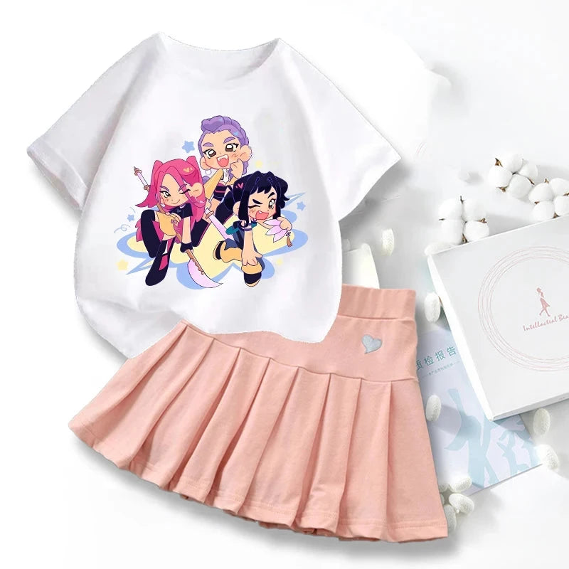 New K Pop Demon Hunters T-shirts Skirt Set Kawaii Cartoon Graphic T-shirt Kids Casual Short Sleeves Tops Summer Girl Clothes GlowCart