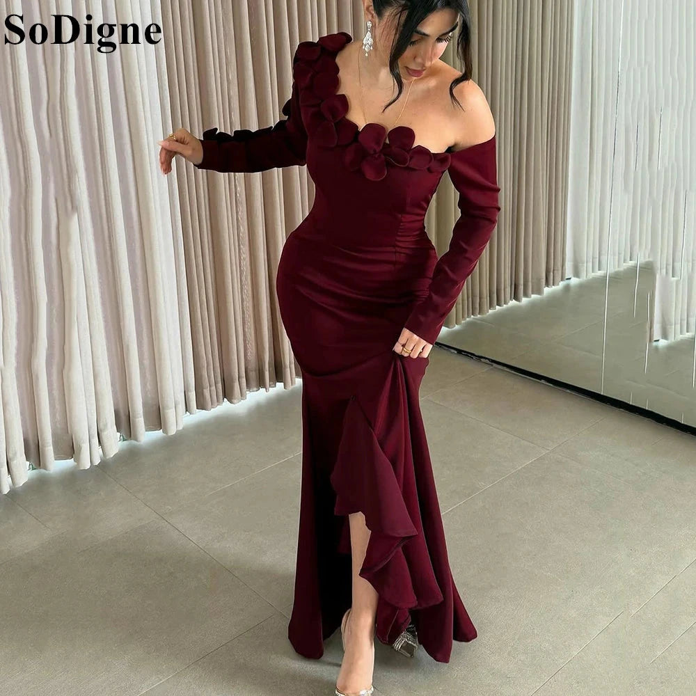 SoDigne 2025 Burgundy Satin Evening Dresses Mermaid Off GlowCart