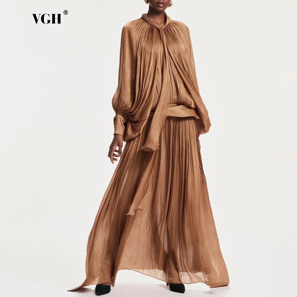 VGH Minimalist Spliced Folds Maxi Dresses for Women Scarf GlowCart