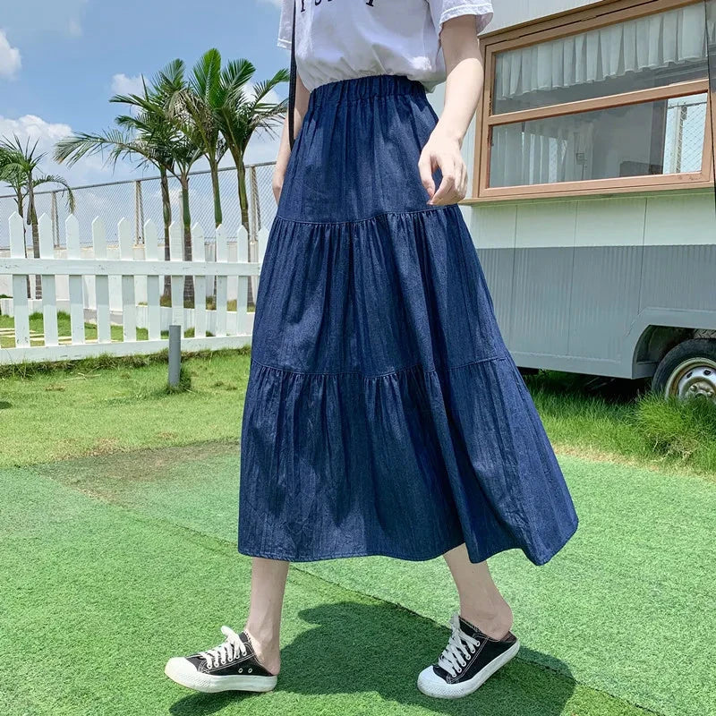 Soft Slik Denim Midi Skirt for Women Blue Jean Elastic Waist Tiered Flared Long Skirt Summer Vintage Casual Daily Outfit GlowCart