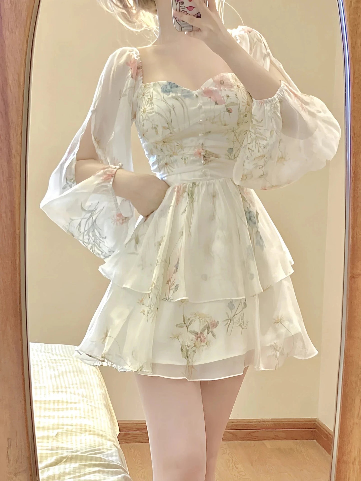French Elegant Floral Mini Dress Chiffon Long Sleeve Evening GlowCart