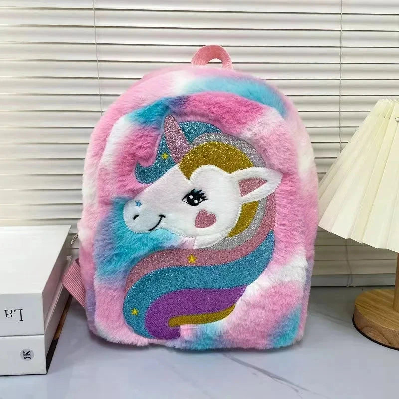 Kids Backpack Kids School Bag Fashion Large Capacity Children Girls Unicorn Plush Tie-Dye Bag Mochila GlowCart
