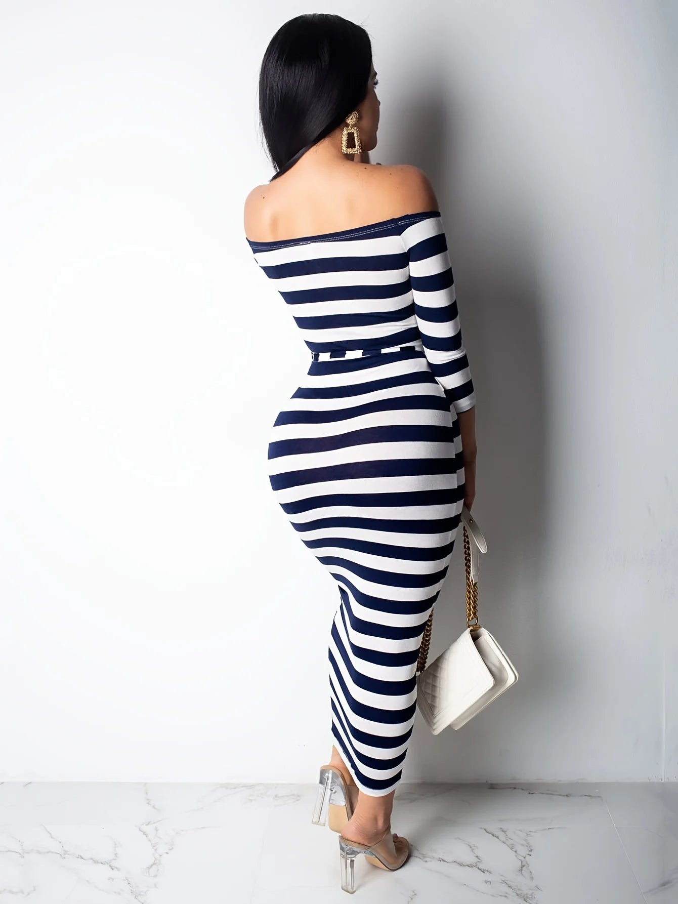 New 2024 Casual Women Dress Summer Striped Bodycon Midi Dresses Slash Neck Lace Up Three Quarter Pencil Dresses GlowCart