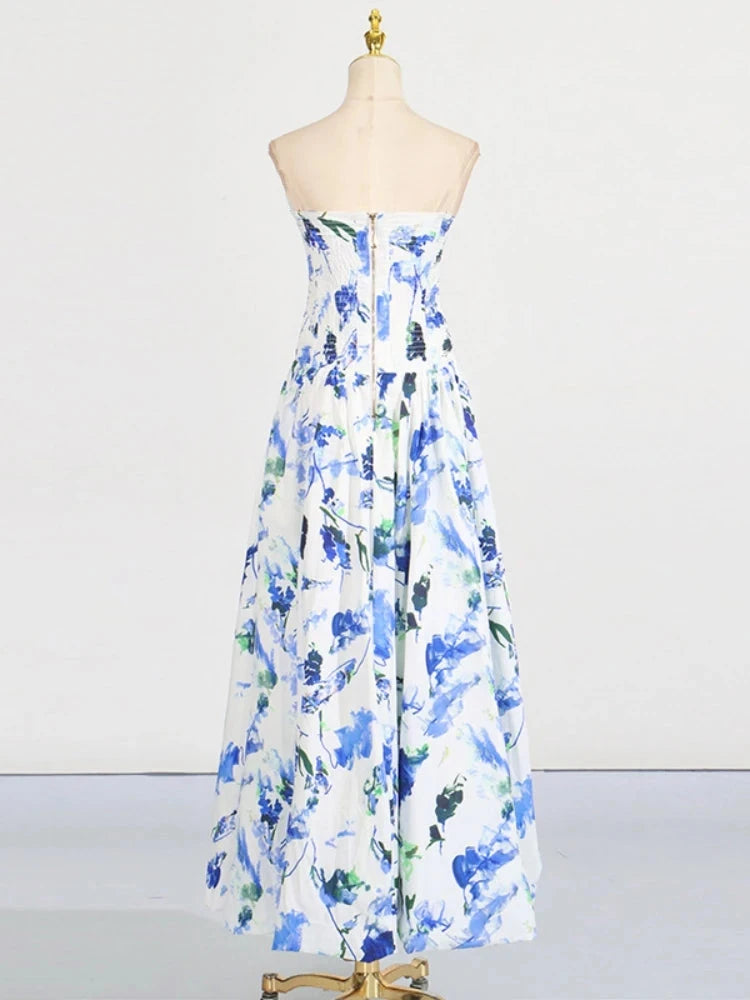 Sexy Strapless Printed Split Deign Long Bubble Dress Women GlowCart
