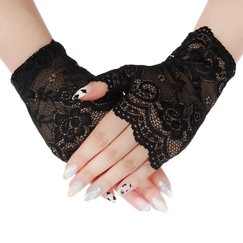 Women Short Lace Hollow-Out Fingerless Gloves Sun Protection GlowCart