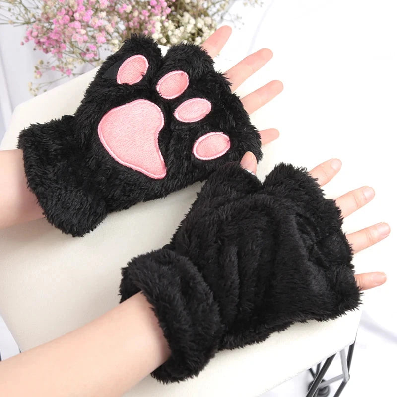 Women Cartoon Cat Claw Gloves Thickened Plush Lovely Style GlowCart