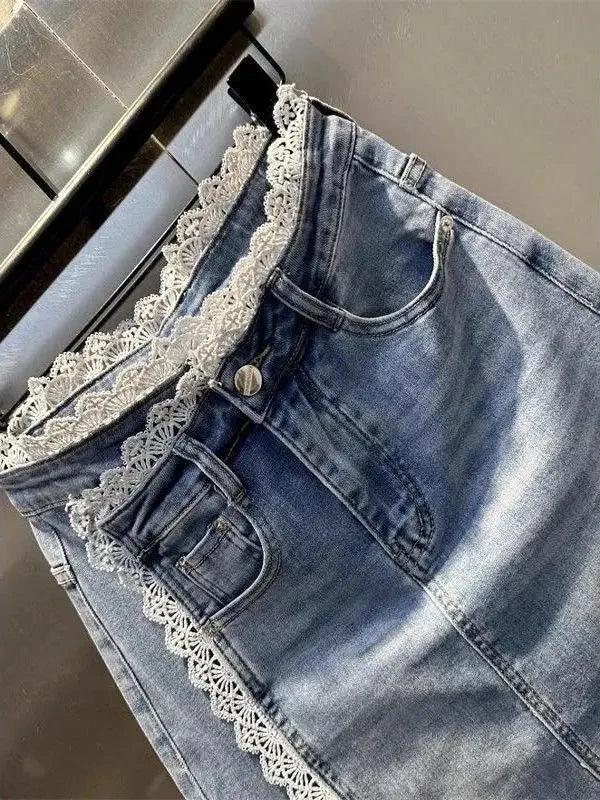 Casual High Waist Denim Skirt with Lace Trim Splice Design And Slit for Women Faionable Versatile  Skirt for Summer GlowCart