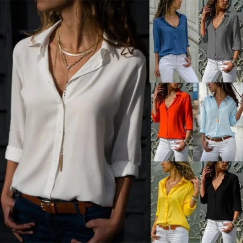 Women Elegant Solid Chiffon Blouse Spring Summer Casual Long GlowCart