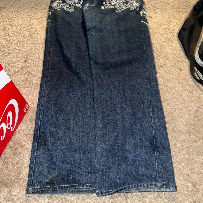 American New Pattern Embroidery Baggy Jeans Male Y2K High GlowCart