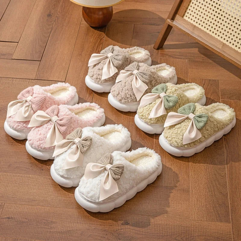 Winter Warm Fur Slippers for Women Cute bow House Non Slip GlowCart