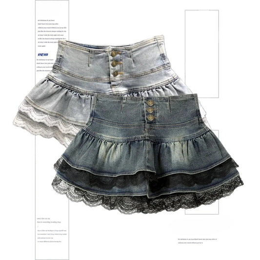 Woman Vintage Denim Pleated Skirt Lace Fold Design A-line GlowCart