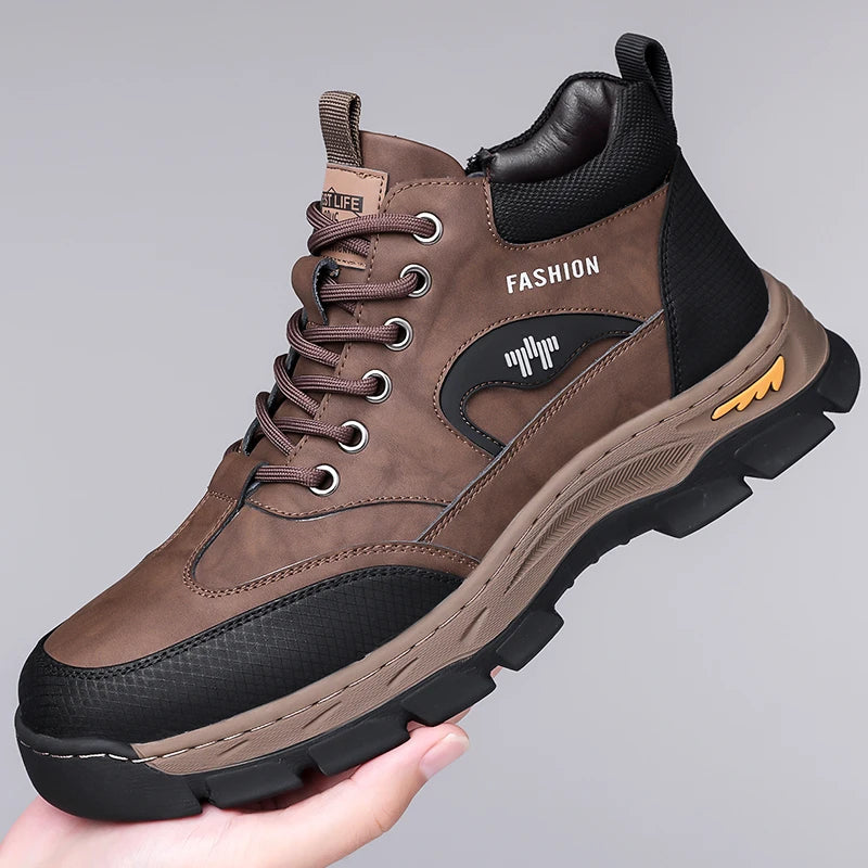 Men's Lace-Up High Top Shoes Fashion Leather Casual Shoes for Man Outdoor Motorcycle Boots Male Ankle Botas Warm Walking Boots GlowCart