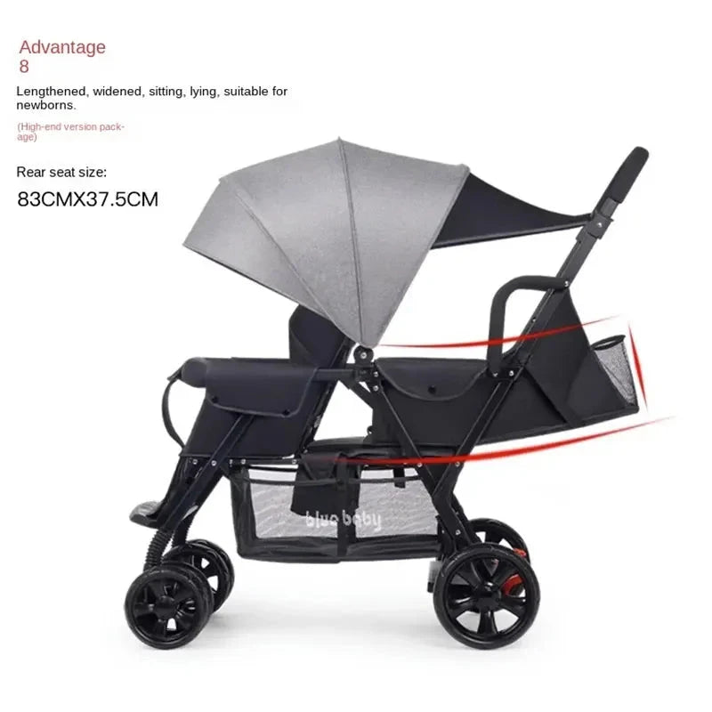 Baby Twin Stroller Removable Rear Seat 0-7 Years Old Double stroller One-key Folding Four-wheel Anti-skid Shock Absorption GlowCart