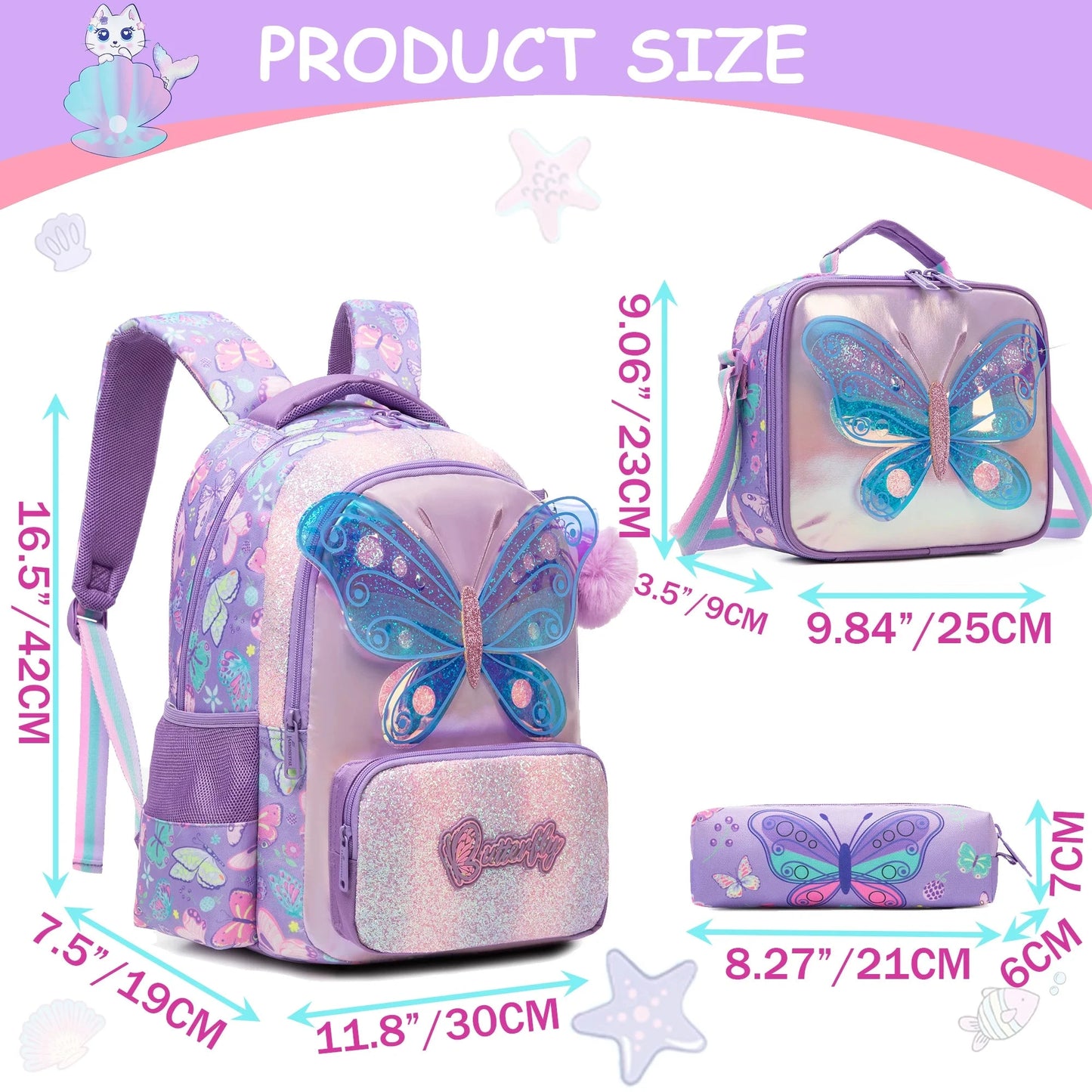 kids backpacks with Lunch Bag for girls 3pcs girls bookbag and Lunch Box Set for Elementary Middle School GlowCart