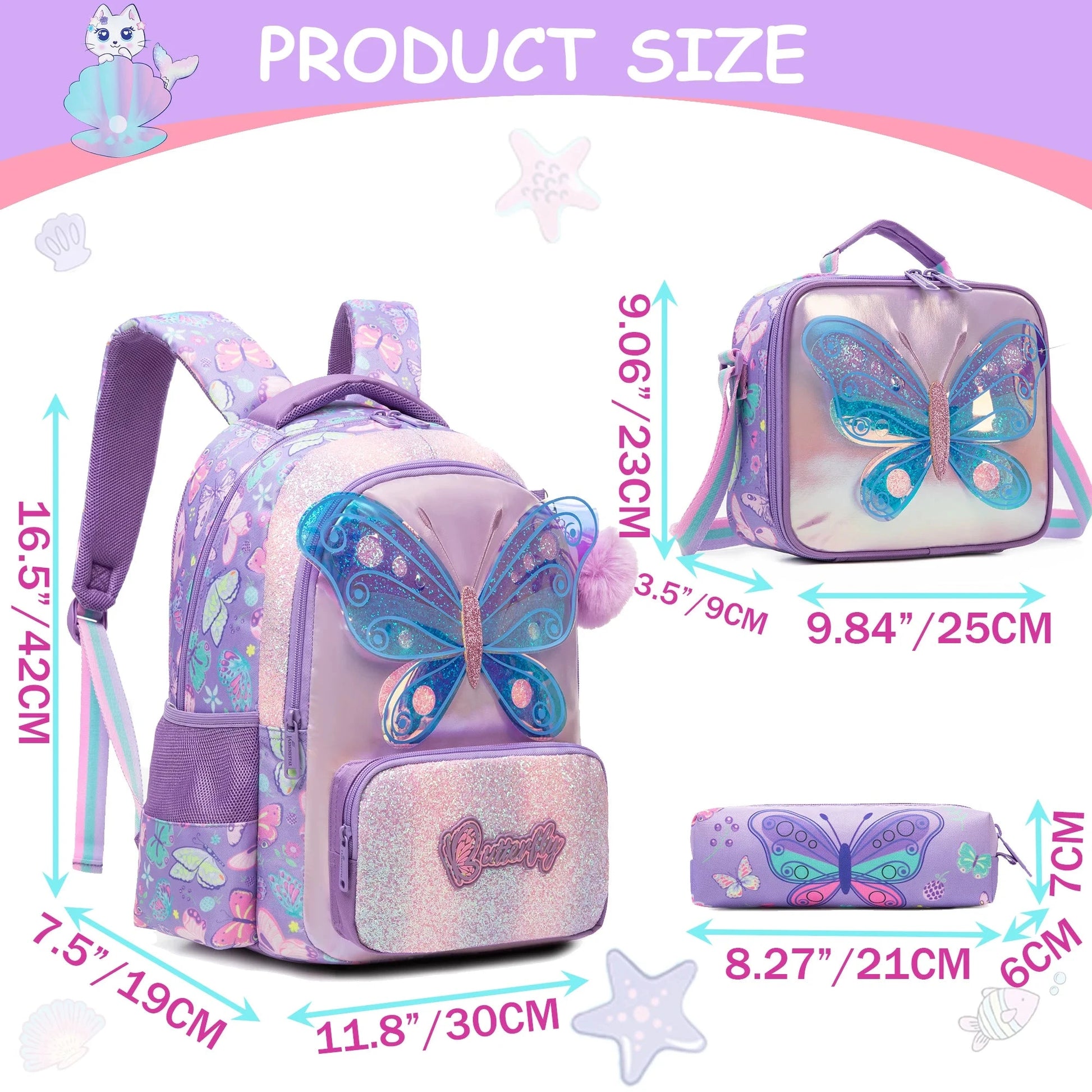 kids backpacks with Lunch Bag for girls 3pcs girls bookbag and Lunch Box Set for Elementary Middle School GlowCart