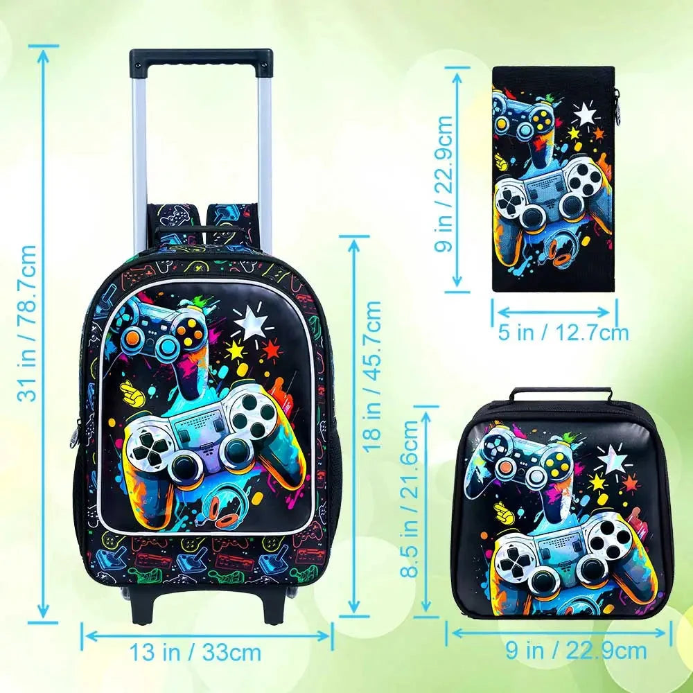 Rolling Backpack for Boys, 3PCS Kids Roller Bookbag with Lunch Bag, Wheeled School Bag for Children - Game Console GlowCart
