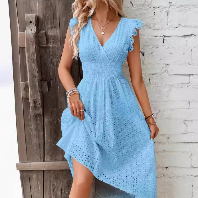 Summer Women V-Neck Beach Dress Flare Sleeve Solid Color GlowCart