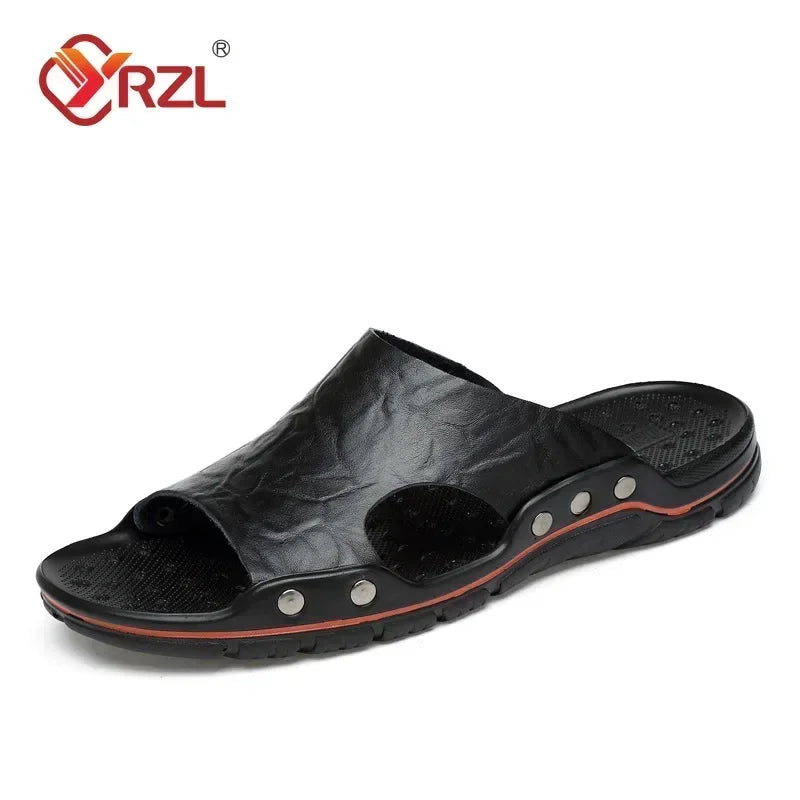 YRZL Mens Sandals PU Leather Classic Summer Men Slippers Soft Black Slippers Big Size Slippers Lightweight EVA Slides for Men GlowCart