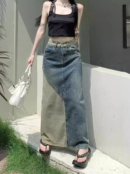 New in Spring Autumn Women Fashion Vintage High-waisted Slimming Medium-length Color Blocking Denim Skirt for Women Clothing GlowCart