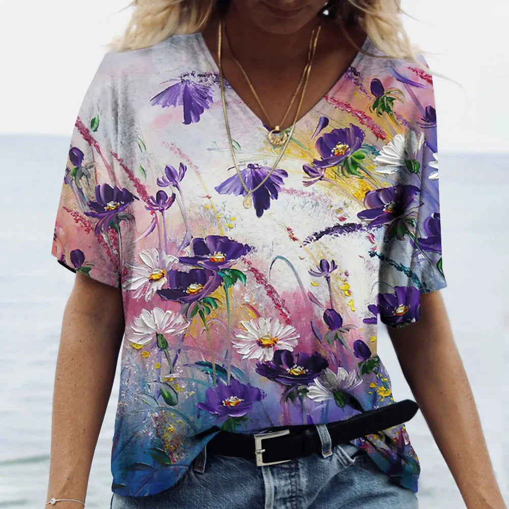 Women's T Shirts V-neck 3d Art Print Tops Loose Short Sleeve GlowCart