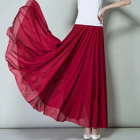 New Summer Chiffon Skirts Plus Size Full-Length Skirt High Waist Elegant Dance Skirt Pink Black Red Royal Blue White Long Skirts GlowCart